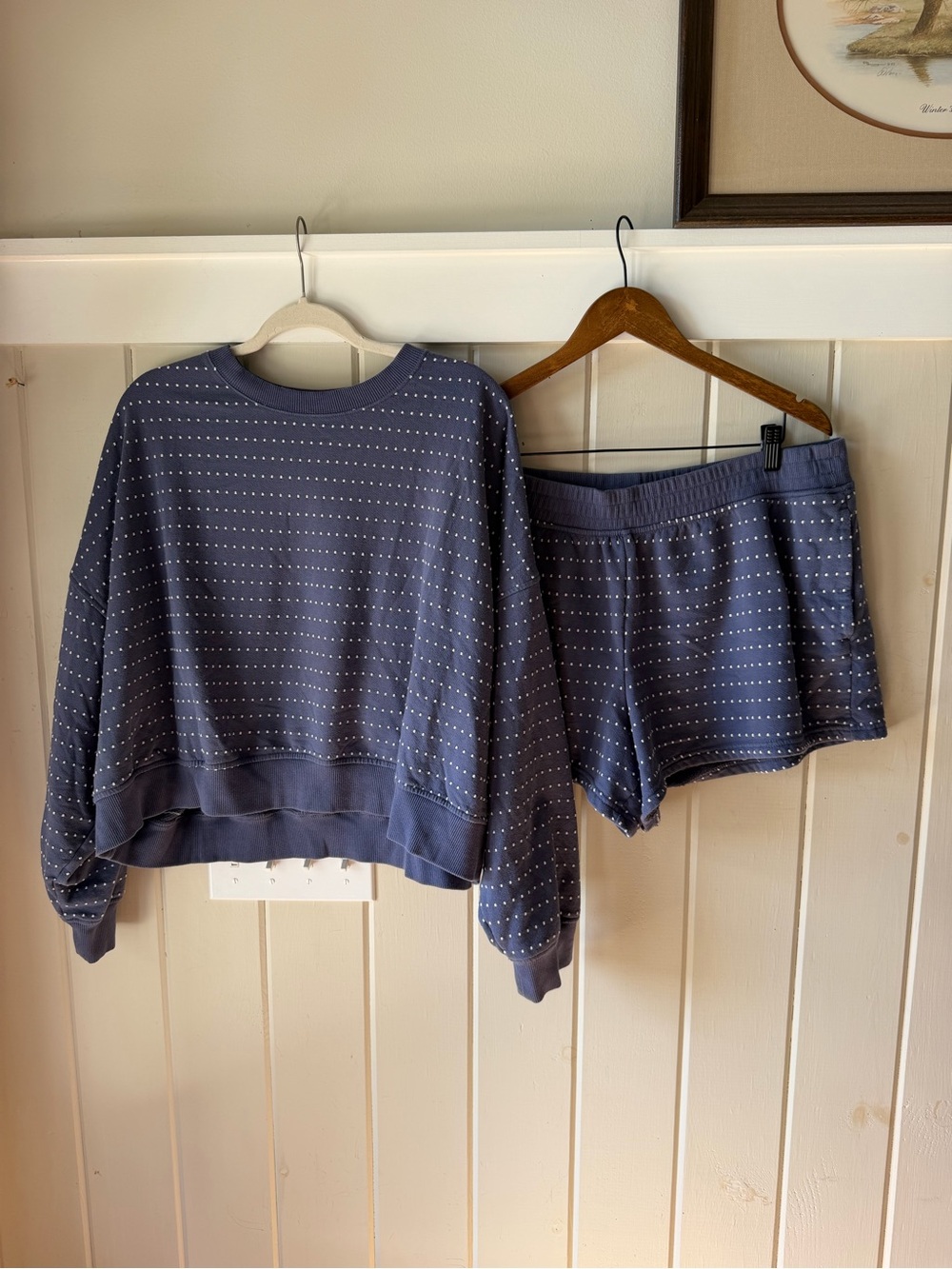 aerie Navy White Dot-Print Sweatshirt & Shorts Lounge Set, Size XL, EUC